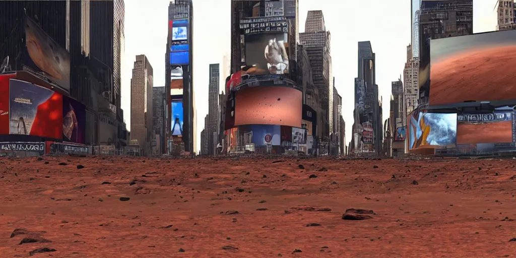 Image similar to footage of the first humans landing on Mars shown in Times Square, ultra realistic 8k photo realistic