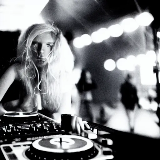 Image similar to A young, blonde-haired woman with soft facial features and blue eyes, 35mm photograph, neon lights in the background, DJing at coachella