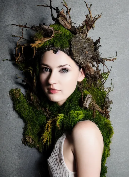 Image similar to a photo of a female model, orgnic headpiece, vines, horn, moss, fashion photography, realistic, hyperdetails, dark grey backdrop studio, tree bark and moss costume