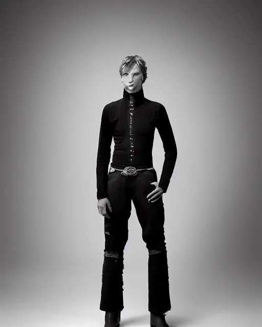 Prompt: an award - winning photo of an ancient male model wearing a plain boot cut flared distressed medieval designer menswear trousers designed by alexander mcqueen, 4 k, studio lighting, wide angle lens, 2 0 0 4