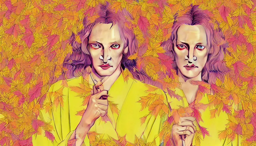 Image similar to breathtaking detailed pattern pastel colors of uma thurman ( kill bill ) in yellow kimono, with katana sword and autumn leaves, by hsiao - ron cheng, bizarre compositions, exquisite detail, enhanced eye detail