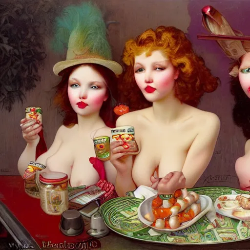 Image similar to closeup of 3 girlfriends, hot dogs and yogurt is a messy eating contest, wlop, elvgren, mucha, mark ryden