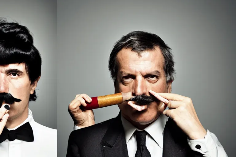 Prompt: mario testino photography, a male portrait, black hair, moustache, smoking a pipe