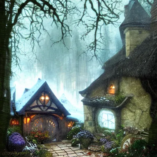 Prompt: hobbit in medieval hobbit house, ornate, beautiful, atmosphere, vibe, mist, smoke, fire, chimney, rain, wet, pristine, puddles, melting, dripping, snow, creek, lush, ice, bridge, forest, roses, flowers, by stanley artgerm lau, greg rutkowski, thomas kindkade, alphonse mucha, loish, norman rockwell