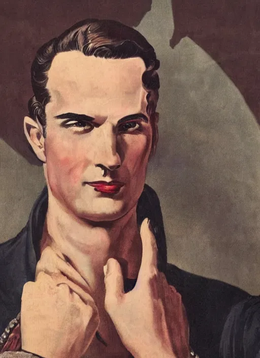 Prompt: portrait of glamorous medieval man with annoyed gesture, 1940s propaganda poster, full hd,highly detailed