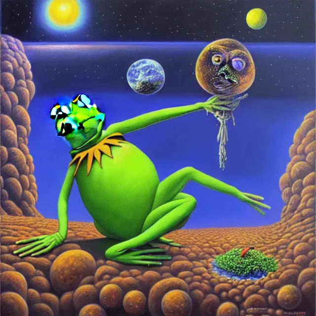 Image similar to an oil on canvas portrait painting of kermit, surrealism, surrealist, cosmic horror, rob gonsalves, high detail