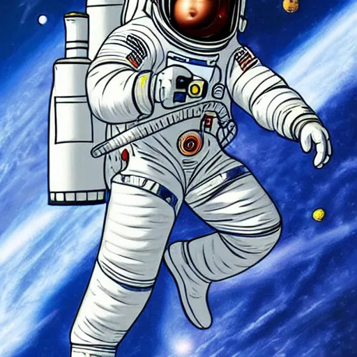 Prompt: An astronaut in space riding on a rocket, in the style of bruce ricker