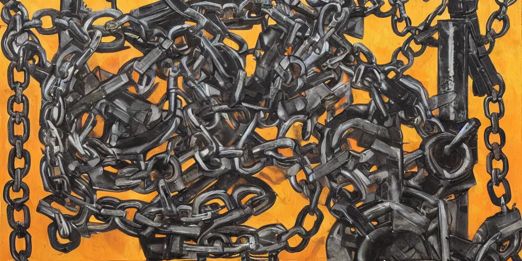Image similar to guns and chain, collage, acrylic on canvas, expressionism movement, breathtaking detailed, by blake neubert