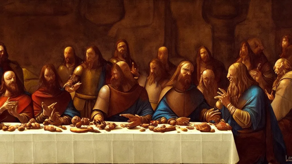 Image similar to mandalorian at the last supper, by leonardo davinci, concept art, oil painting, art station