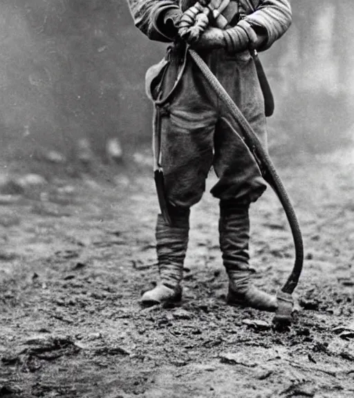 Image similar to person wearing gas mask with hose,ww1 photo, high detail, high resolution