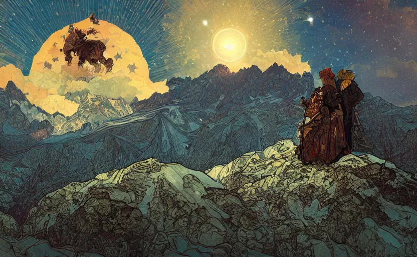 Prompt: mountains, stars and paisley filled sky, artstation, intricate, highly detailed, digital painting, concept art, sharp focus, illustration by Enki Bilal and Alphonse Mucha