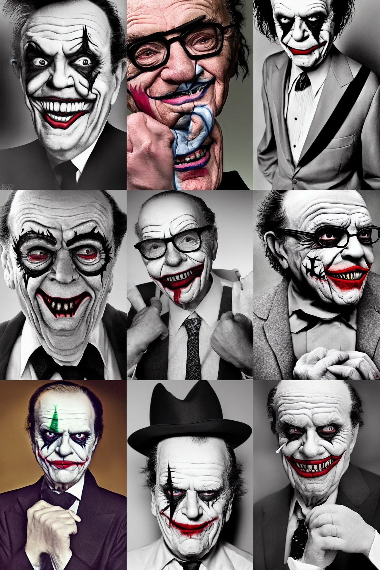 Prompt: Rupert Murdoch as Jack Nicholson\'s joker, joker makeup, portrait photography