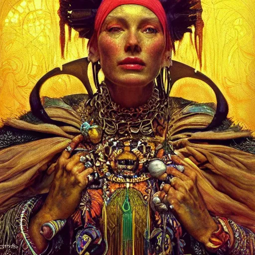 Prompt: baroque portrait of an art deco shaman, reflective detailed textures, highly detailed fantasy science fiction painting by annie swynnerton and jean delville and moebius, norman rockwell and syd mead. rich colors, high contrast. artstation
