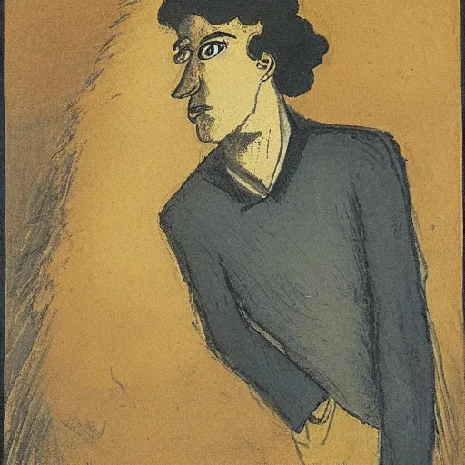 Image similar to A beautiful print of a self-portrait of the artist. He is shown with his head turned to the left, looking at the viewer. His hair is wild and his eyes are wide open. His right hand is raised, as if he is pointing at something. by Lyonel Feininger flowing