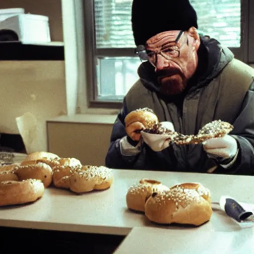 Prompt: walter white eating bagels, photography,