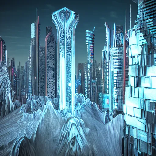 Prompt: nightscape, cityscape made of sculpted ice, cyberpunk, quantum wavetracing,