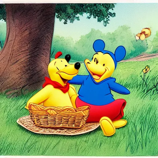 Image similar to Winnie the pooh and Donald duck having a picnic, cartoon