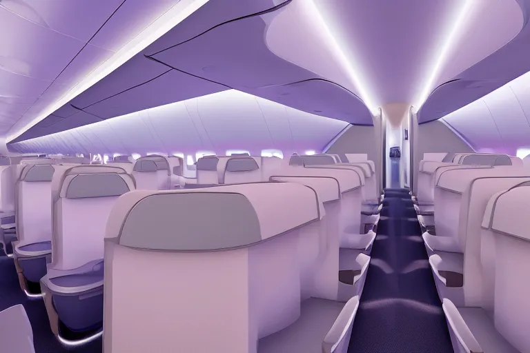 Prompt: Interior shot of a futuristic business class suite on a widebody jet with two aisles in a pastel color palette