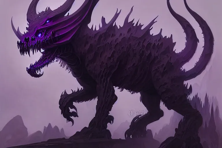 Image similar to concept art of a dispacer beast, d & d creature, by greg rutkowski and alphonse mucha, gradient black to purple, monoliths in a dark forest background, highly detailed, digital painting, artstation, concept art, smooth, sharp focus illustration, artstation hq
