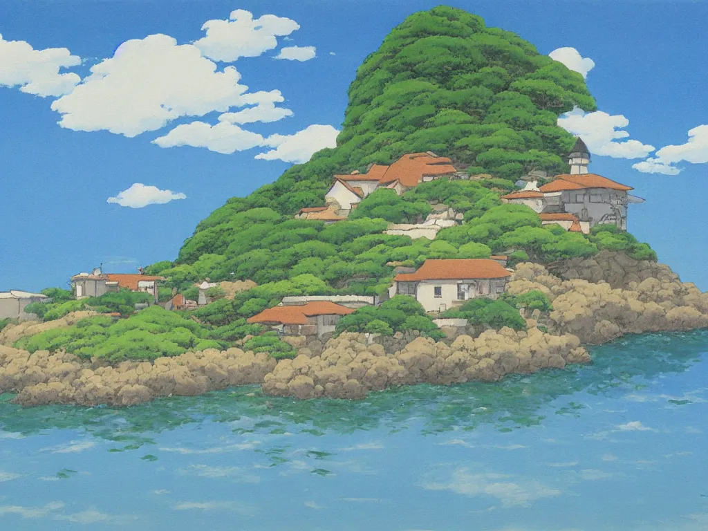 Image similar to studio ghibli painting, kazuo oga, a lone stucco house by the beach, blue sky with few clouds,