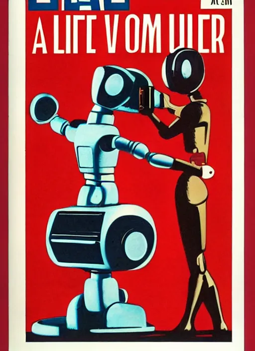 Prompt: a 1965 LIFE magazine cover, featuring a woman fighting a robot