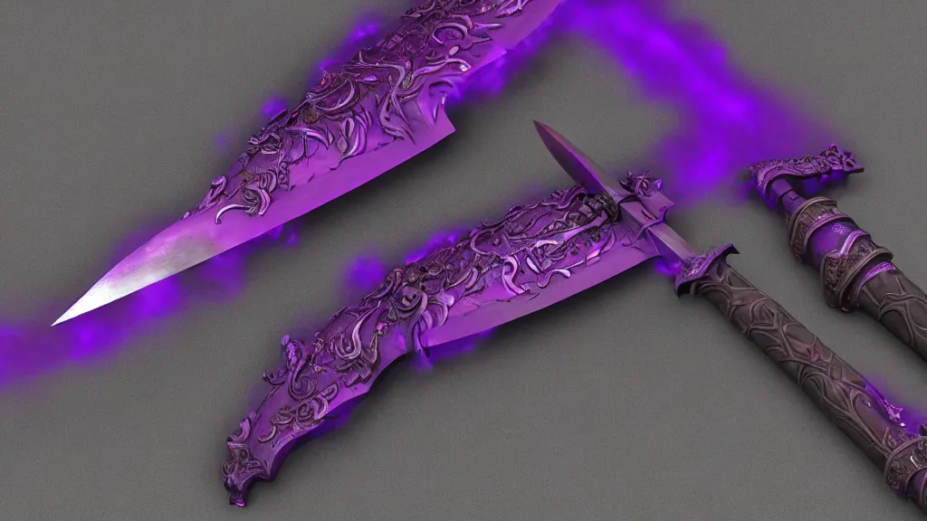 Image similar to medieval broad sword, purple aura, purple inscription on blade, intrinsic design, hyper detailed, 4 k, 8 k, octane render