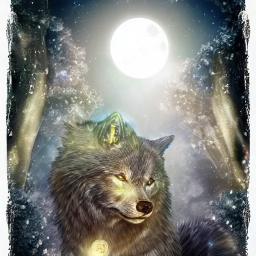 Prompt: a clear crystal wolf with moon shining through it, fantasy art, high definition, lens flares