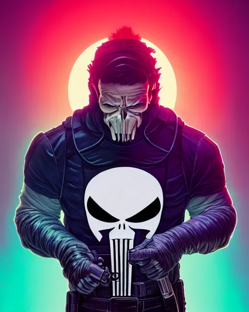 Image similar to highly detailed vfx portrait of the punisher as a teletubby, stephen bliss, unreal engine, greg rutkowski, loish, rhads, beeple, makoto shinkai and lois van baarle, ilya kuvshinov, rossdraws, tom bagshaw, alphonse mucha, global illumination, detailed and intricate environment