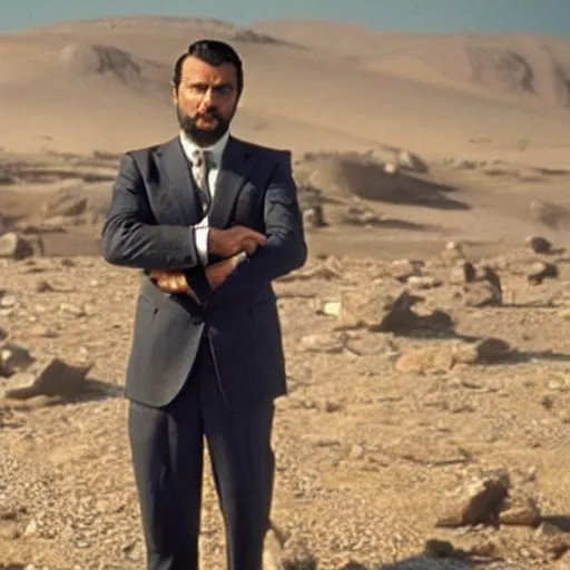 Image similar to kurdish capitalist wearing a suit, dressed smart, in a movie directed by christopher nolan, movie still frame, promotional image, imax 7 0 mm footage