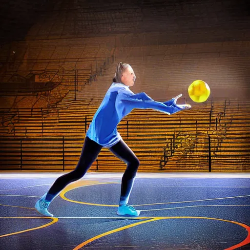 Prompt: one young woman playing handball in an arena, digital art, epic lighting