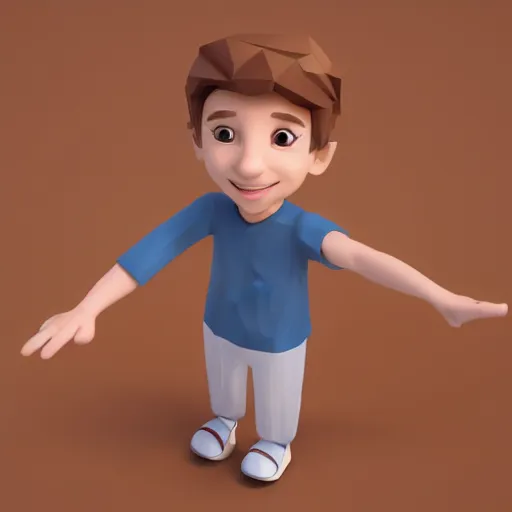 Prompt: Isometric 3d render of a boy with a long nose and brown hair, white background, ambient occlusion, cute, chibi proportions, low poly