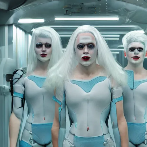 Image similar to troop of freak show women with white hair, white hair, tight light blue neopren suits, futuristic production facility, sci - fi, highly detailed, cinematic