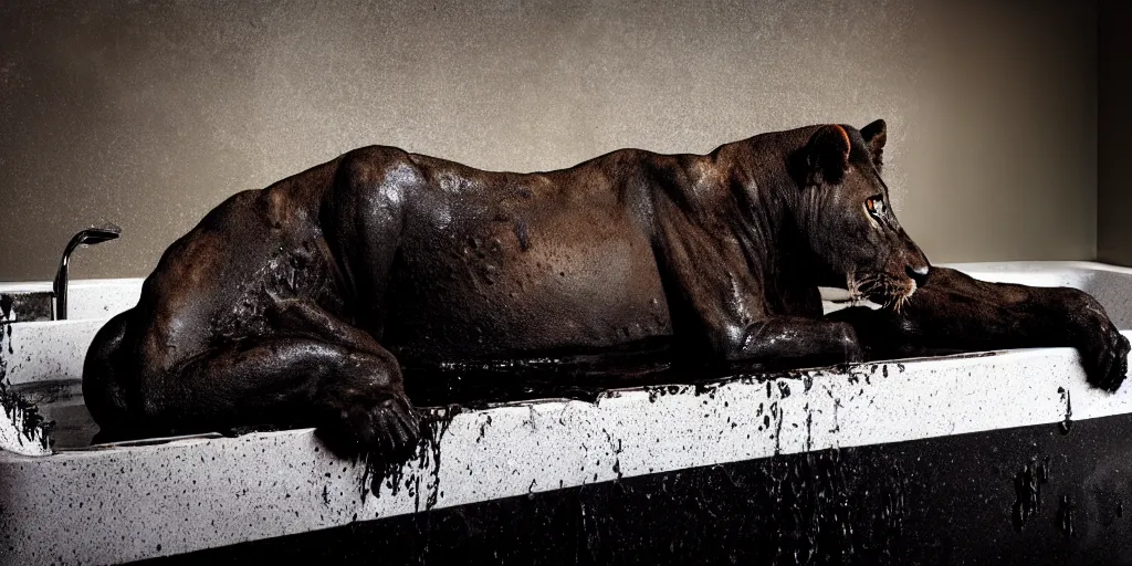 Image similar to a black lioness made of tar, bathing inside the bathtub full of tar, laying on their back, dripping ferrofluid, drooling ferrofluid. dslr, photography, realism, animal photography, modern bathroom, photorealistic, v - ray, goo, tar