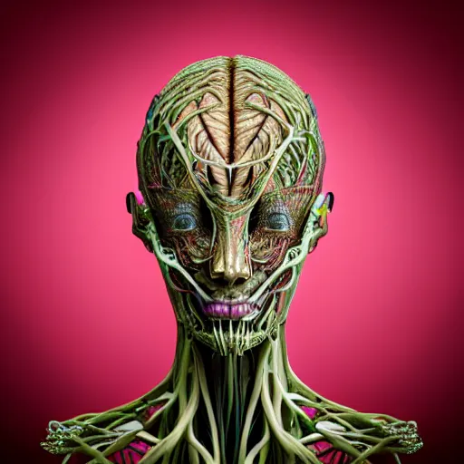 Image similar to a high quality photo of a young beautiful female queen-roots-dragon-cyborg bust with a very long neck and Mandelbrot fractal face, Mandelbrot fractal skin, flesh, anatomical, facial muscles, veins, arteries, elegant, highly detailed, flesh highly baroque ornate, hair are wired cables, elegant, high fashion, rim light, octane render, in the style of Flora Borsi, Realistic, Refined, Digital Art, Highly Detailed, Cinematic Lighting, dramatic colors scheme, photo-realistic, 8K