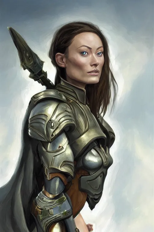 Image similar to a professional painting of a young Olivia Wilde, clothes in military armor, olive skin, long dark hair, beautiful bone structure, symmetrical facial features, intricate, elegant, digital painting, concept art, smooth, sharp focus, illustration, from StarCraft by Ruan Jia and Mandy Jurgens and Artgerm and William-Adolphe Bouguerea