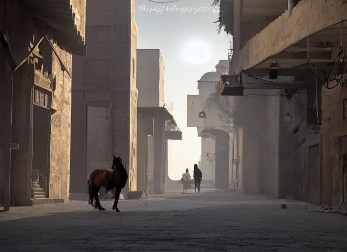 Image similar to old jeddah city alley, roshan, old shops, horse, magical gateway to another dimension, a man wearing a white robe standing watching over, sci - fi, dramatic lighting, dawn, by caspar david friedrich, unreal engine 5