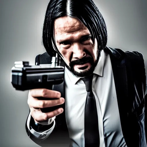 Prompt: portrait photo of a gangster like a cross between John Wick and Morpheus pointing a gun at the camera, menacingly