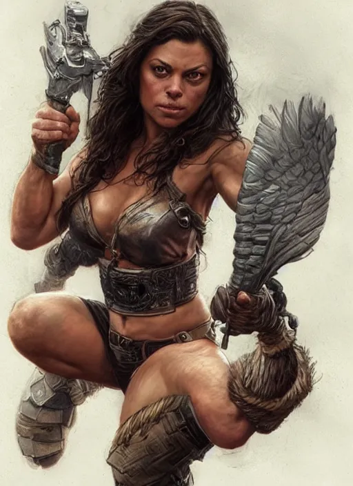 Image similar to exhausted Mila Kunis as a very muscled rugged looking Amazon, dirty, sweating, intricate, elegant, highly detailed, artstation, concept art, sharp focus, art by artgerm and donato giancola and Joseph Christian Leyendecker, WLOP