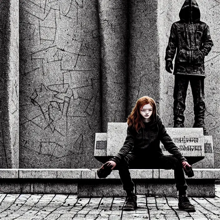 Image similar to sadie sink in hoodie sits on bench in ruined square, pedestrians walk by, soviet monument and propaganda posters. storyboard, scifi cyberpunk. by gabriel hardman. cinematic atmosphere, detailed and intricate, perfect anatomy