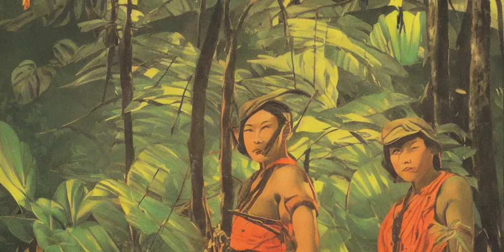 Image similar to painting of a female soldier in the rainforest at golden hour by kitano tsunetomi, 1 9 3 9