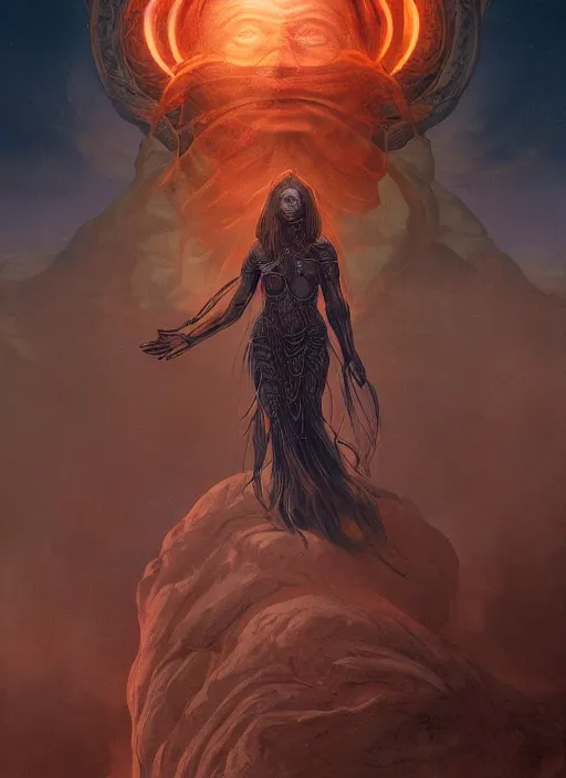 Image similar to biblical female druid android, pattern on skin, glowing veins, in clouds, sunset, portrait by wayne barlowe, by peter elson, by anato finnstark, studio lighting, muted colors, by frank frazetta, extreme detail, reflections, trending on artstation, 8 k