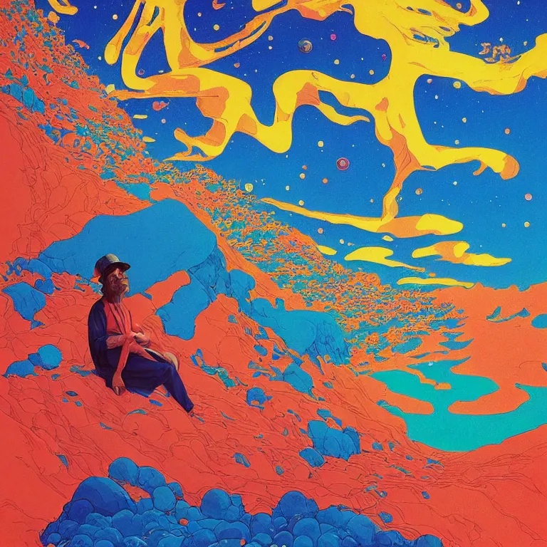 Prompt: a ultra - vibrant closeup portrait of a man sitting on a box of fireworks and blotter papers of lsd acid and dreaming psychedelic hallucinations in the vast icy landscape of antarctica, by kawase hasui, moebius and edward hopper, colorful flat surreal design, hd, 8 k, artstation