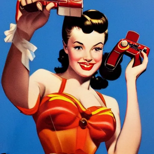 Image similar to a pin up girl holding a videogame controller, by Alberto Vargas, highly detailed and intricate