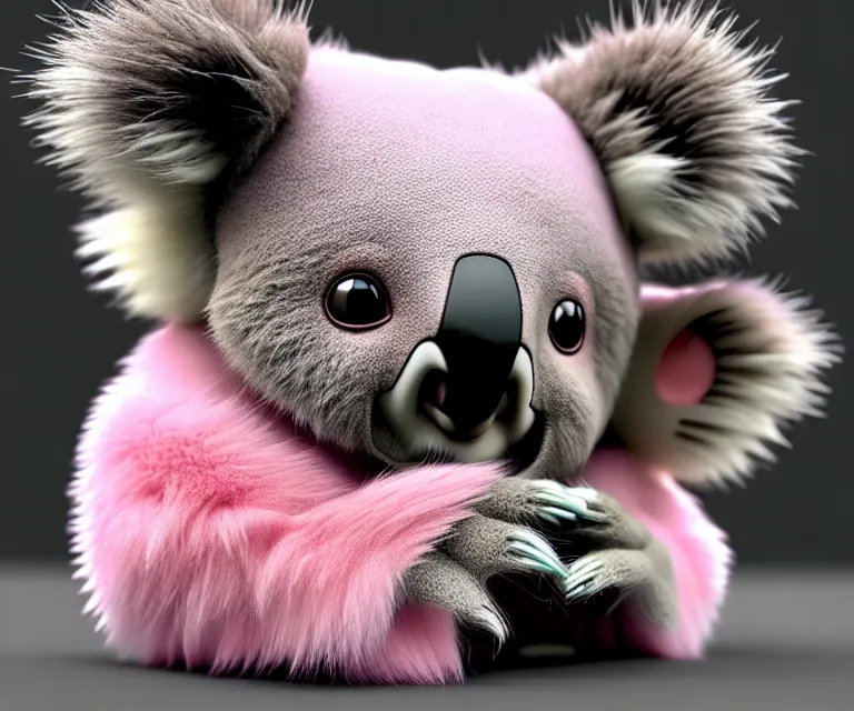 Prompt: high quality 3 d render hyperrealistic very cute small koala, plush mascot, short spiky dense fluffy smooth hair, photo from the side, pink fluffy fur, 1 5 0 mm, beautiful natural soft light, rim light, vray, smooth background, artstation, ultra detailed