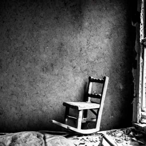 Prompt: an old rocking horse, abandoned in an abandoned, radiated bedroom. the windows are smashed, the wallpaper is peeling, the floorboards are completely rotten. black and white photo. surrealism.