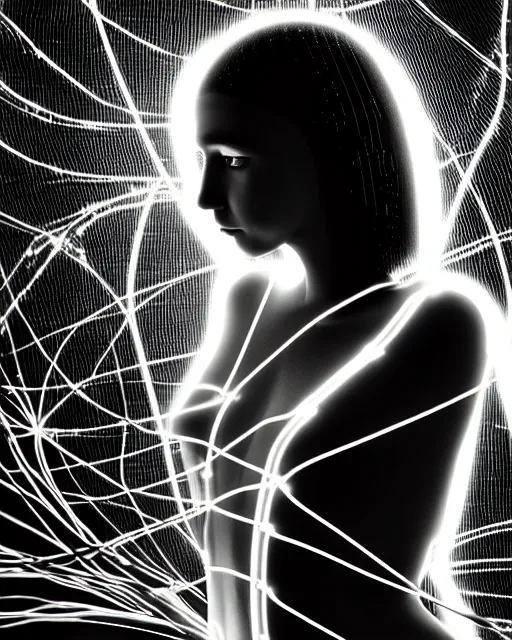 Image similar to black and white artistic photo, young female cyborg - plant goddess, microchip, artificial intelligence, bio - mechanical bio - luminescence, black wired cables, cinematic, rim light, photo - realistic, 8 k, in the style of dora maar and h. g. giger