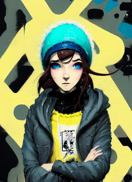 Prompt: highly detailed portrait of a sewerpunk student lady, blue eyes, hoody, beanie hat, white hair by atey ghailan, dustin nguyen, by greg rutkowski, by joe fenton, by greg tocchini, by kaethe butcher, gradient yellow, black, brown and cyan color scheme, grunge aesthetic!!! ( ( graffiti tag wall background ) )