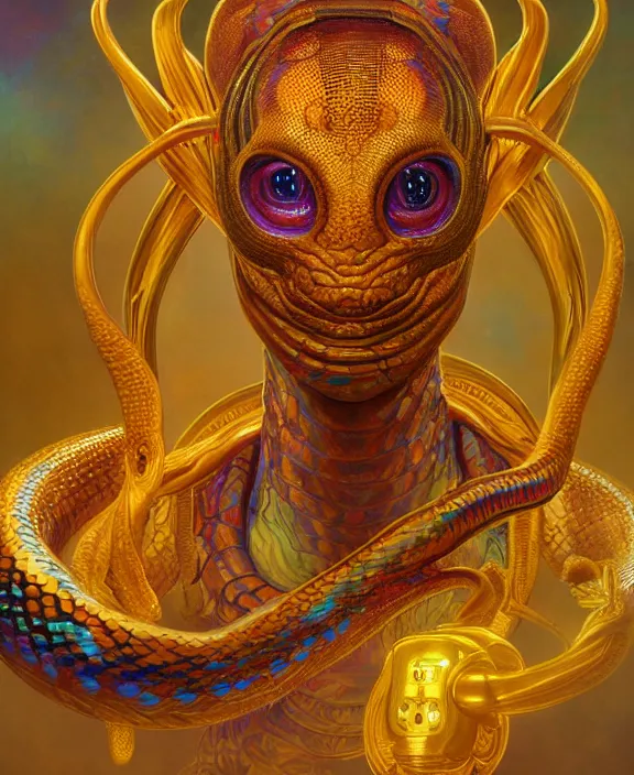 Prompt: intricate colorful golden portrait of a terrifying beautiful alien snake creature, mottling coloring, adorable, childlike, medical equipment hospital environment, ultra realistic, concept art, art nouveau, photorealistic, octane render, 8 k, unreal engine. art by christopher marley and artgerm and greg rutkowski and alphonse mucha