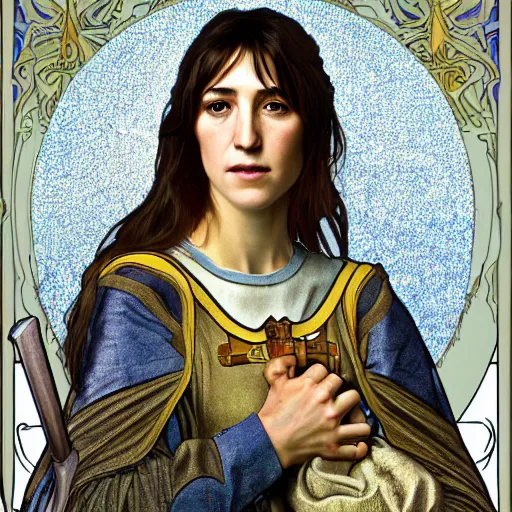 Image similar to portrait of charlotte gainsbourg as joan of arc, hyperreal digital painting, iconography influenced by alphonse mucha and eugene delacroix, arstation and deviantart trends, high resolution 8 k