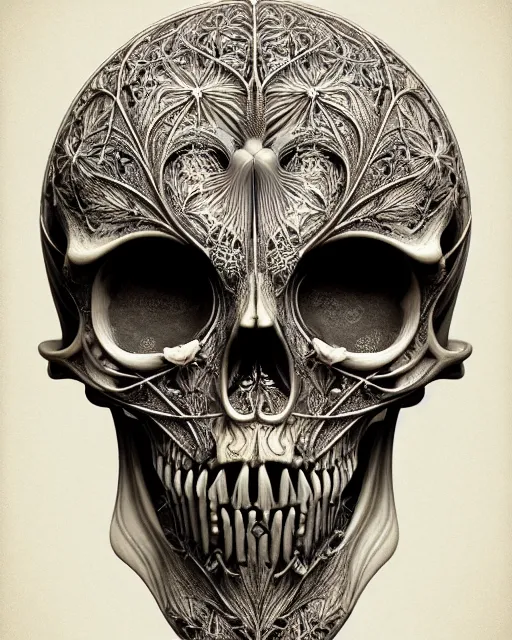 Image similar to art forms of nature by ernst haeckel, memento mori by arthur rackham, ornate antique porcelain beautiful skull mask, ultrasharp, photorealistic, hyperdetailed, octane render, polished, art nouveau, neo - gothic, gothic, intricate ornamental organic filigree, art nouveau botanicals, art forms of nature by ernst haeckel, horizontal symmetry, symbolist, visionary